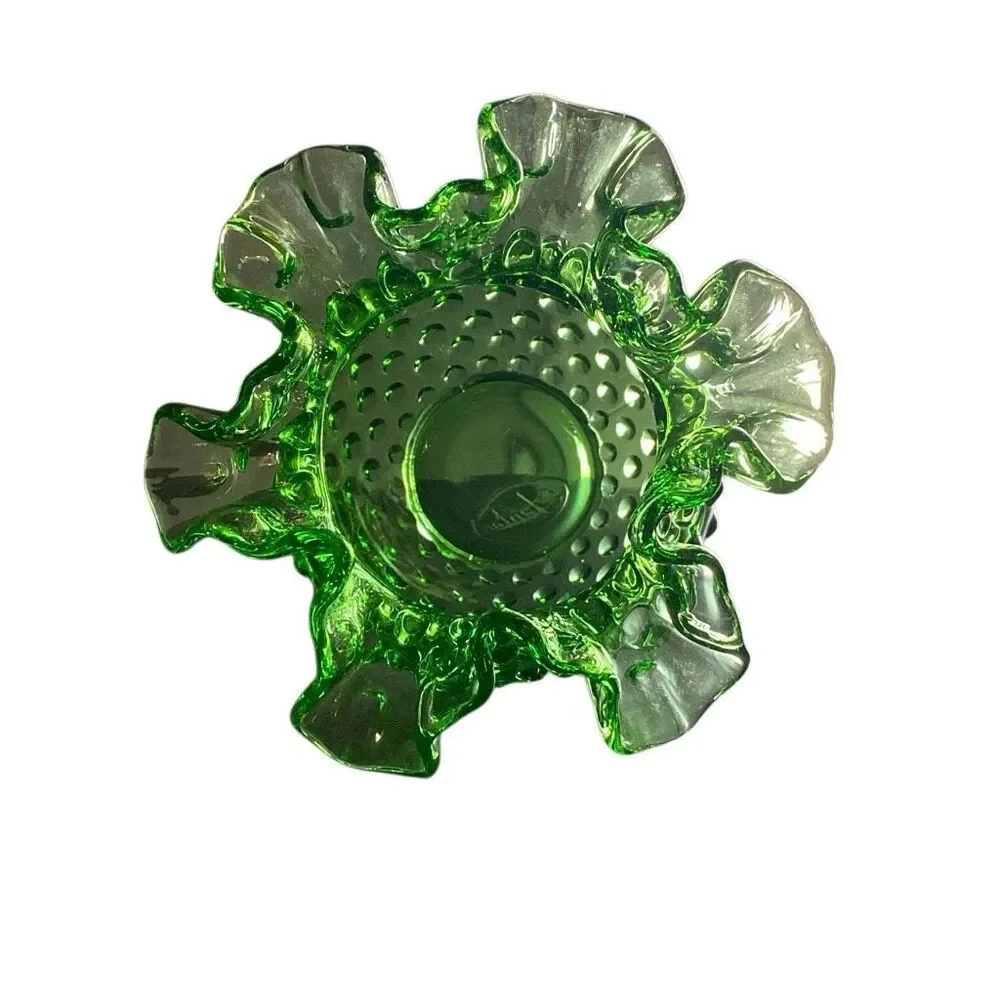 VTG Fenton Glass Vase Spring Time Green Hobnail RoseBowl Ruffled Edge MCM MARKED